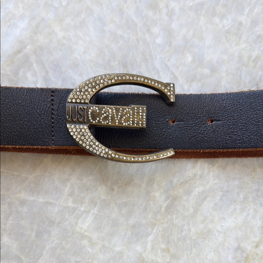Just Cavalli Dark Black Leather Belt with Brass Embellished Buckle
